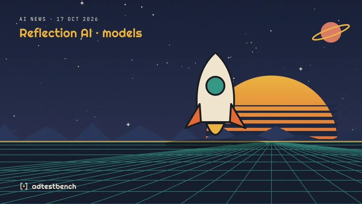 Retro-futurist illustration: a striped sunset over a grid horizon under a starry sky, with a rocket motif standing on the horizon.