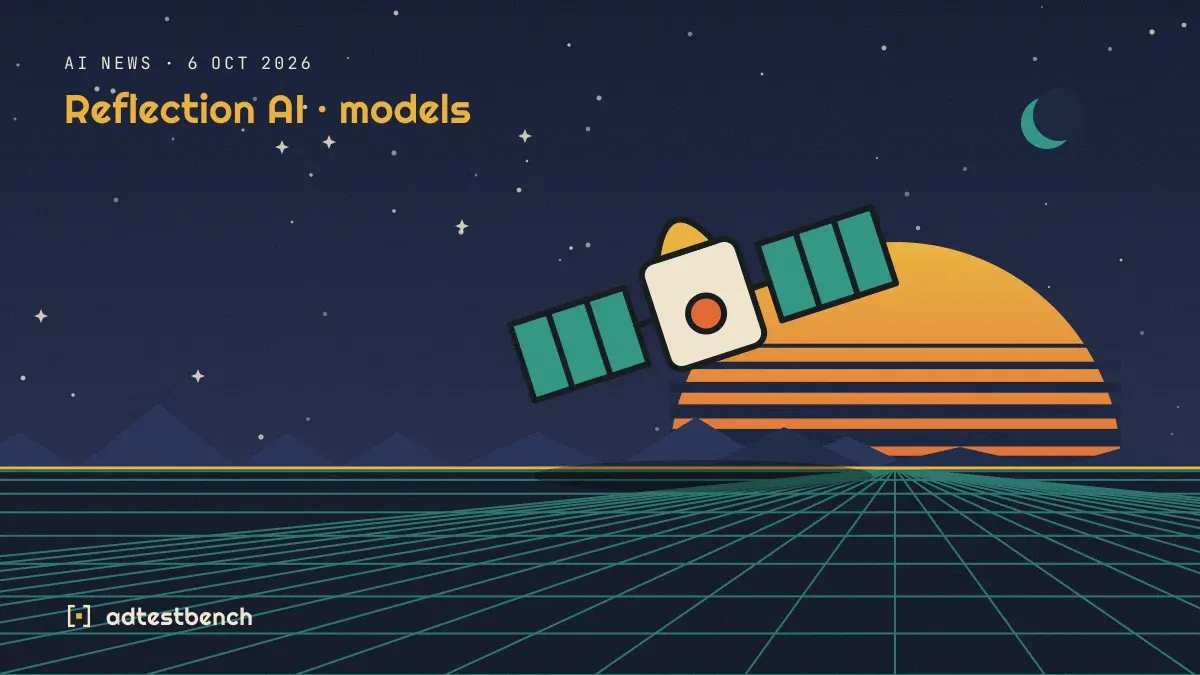 Retro-futurist illustration: a striped sunset over a grid horizon under a starry sky, with a satellite standing on the horizon.