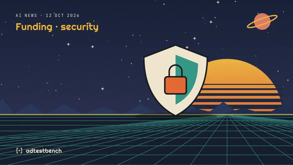 Retro-futurist illustration: a striped sunset over a grid horizon under a starry sky, with a security shield with a padlock standing on the horizon.