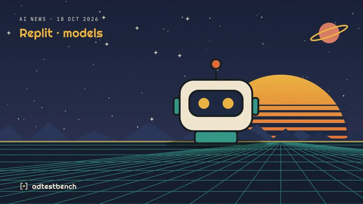 Retro-futurist illustration: a striped sunset over a grid horizon under a starry sky, with a robot motif standing on the horizon.