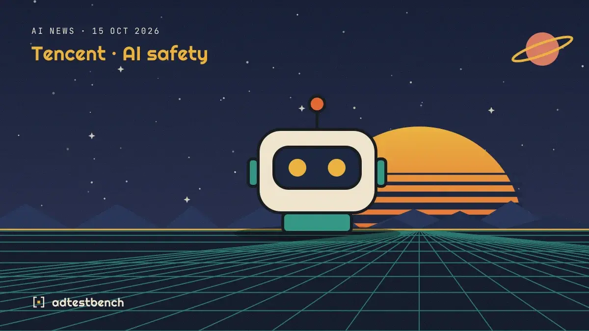 Retro-futurist illustration: a striped sunset over a grid horizon under a starry sky, with a robot motif standing on the horizon.