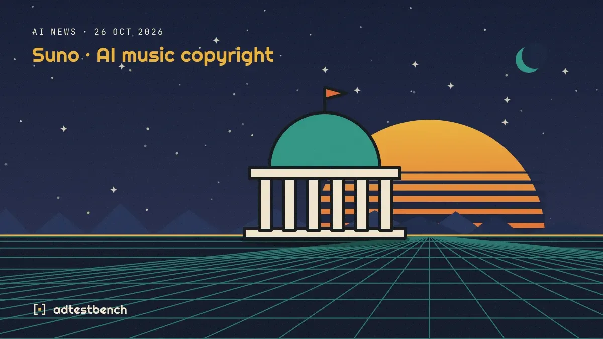 Retro-futurist illustration: a striped sunset over a grid horizon under a starry sky, with a domed building with columns standing on the horizon.
