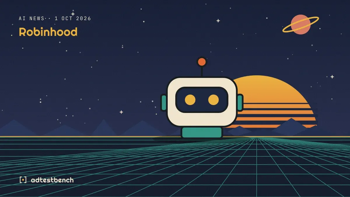 Retro-futurist illustration: a striped sunset over a grid horizon under a starry sky, with a robot standing on the horizon.