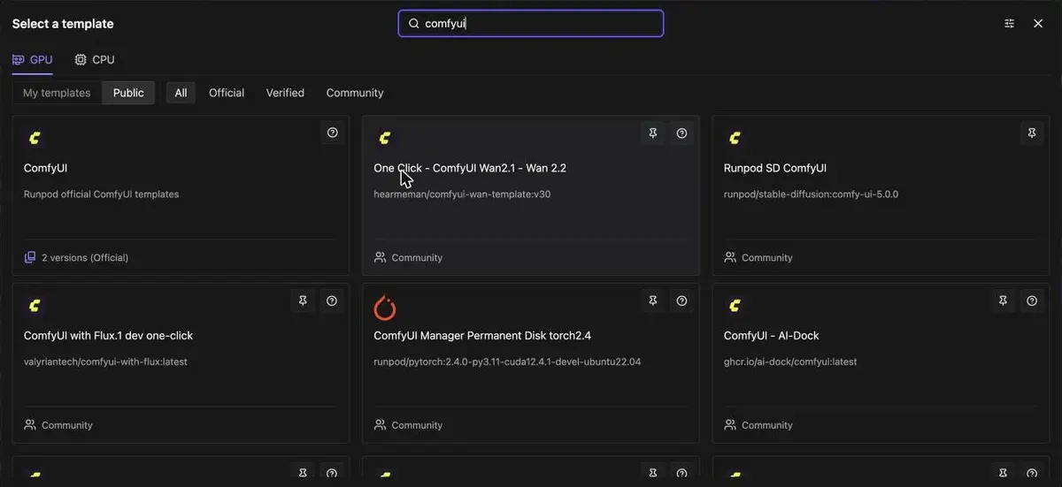 Runpod console template picker with a search for ComfyUI showing the official ComfyUI template and community templates such as One Click ComfyUI Wan 2.1 and Wan 2.2