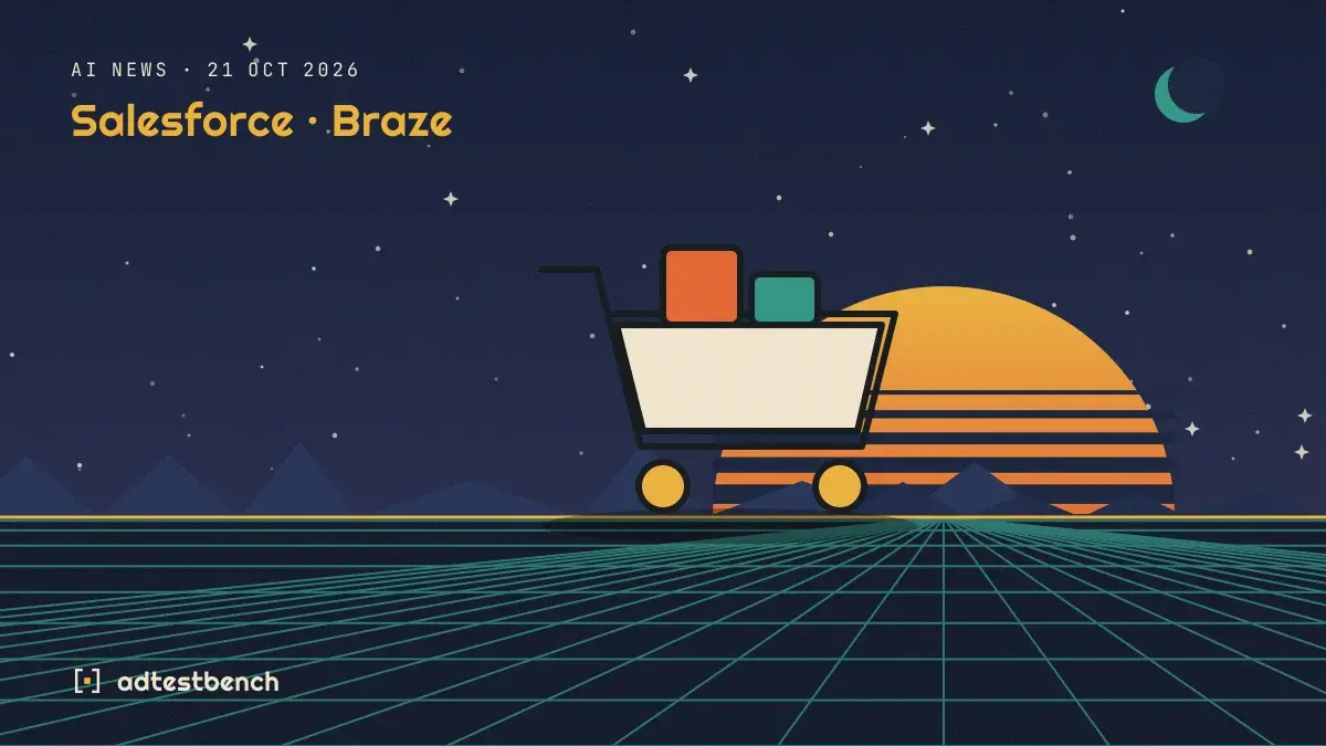 Retro-futurist illustration: a striped sunset over a grid horizon under a starry sky, with a cart motif standing on the horizon.
