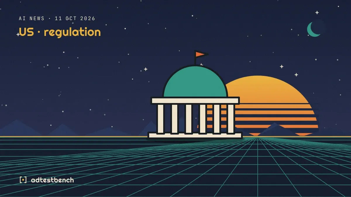 Retro-futurist illustration: a striped sunset over a grid horizon under a starry sky, with a parliament dome standing on the horizon.