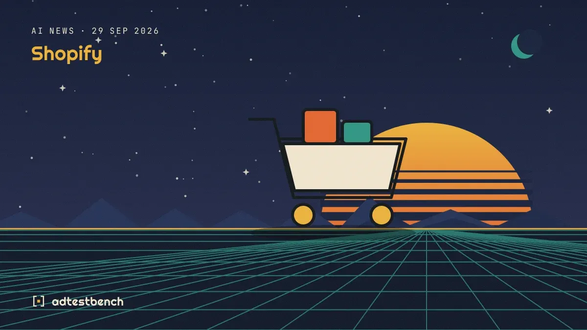 Retro-futurist illustration: a striped sunset over a grid horizon under a starry sky, with a shopping cart standing on the horizon.