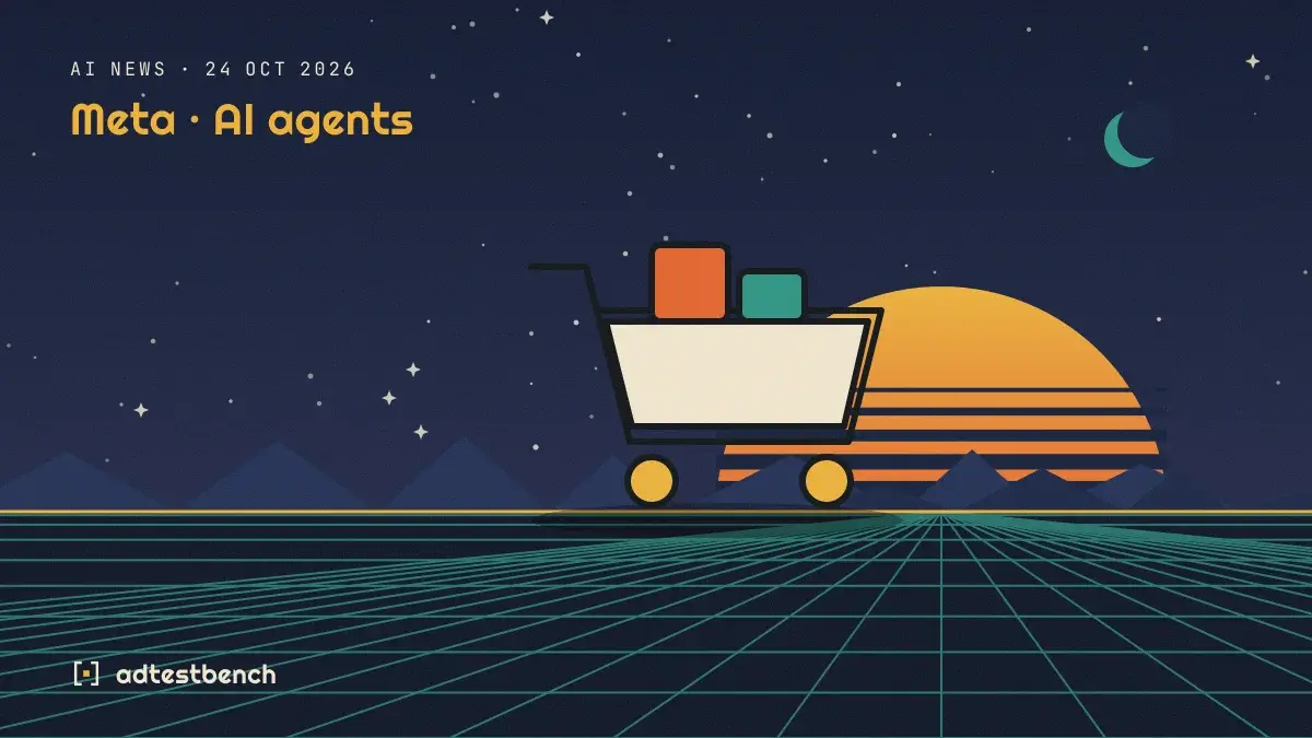 Retro-futurist illustration: a striped sunset over a grid horizon under a starry sky, with a shopping cart standing on the horizon.