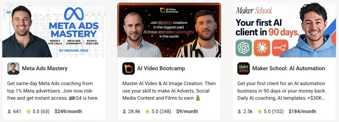 Skool discovery page, Trending tab: Meta Ads Mastery (641 members, $249 a month), AI Video Bootcamp (28.8k members, $9 a month) and Maker School: AI Automation (2.5k members, $184 a month)