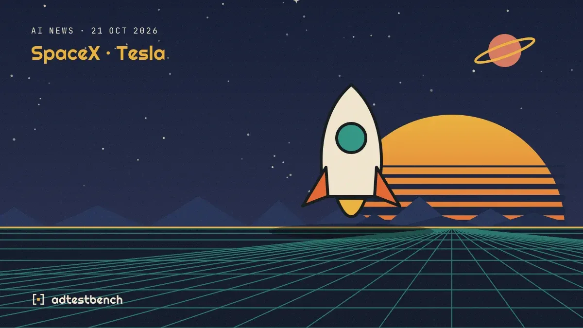 Retro-futurist illustration: a striped sunset over a grid horizon under a starry sky, with a rocket motif standing on the horizon.