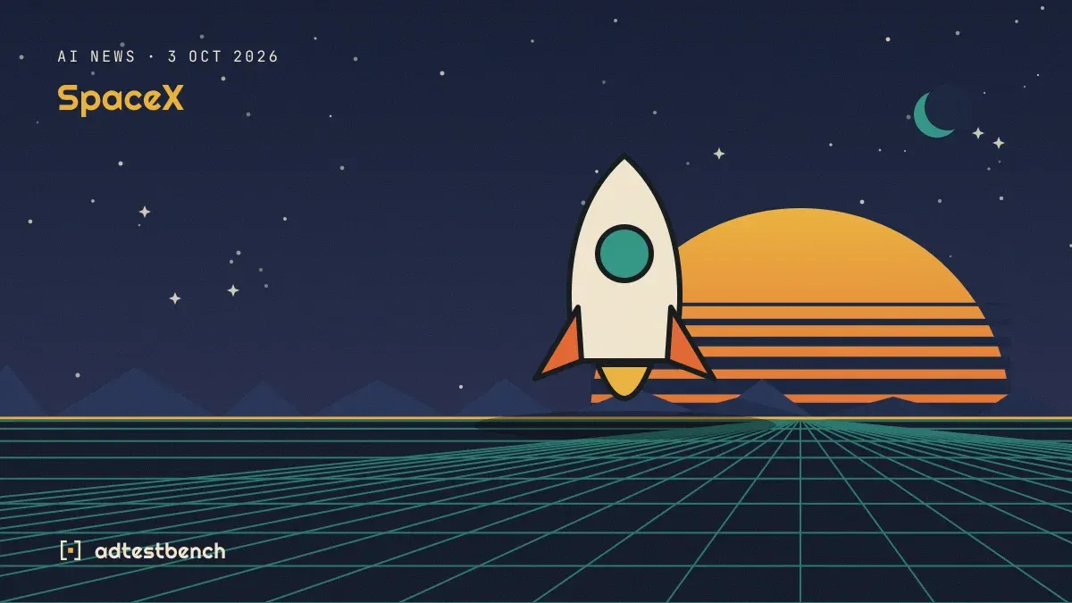 Retro-futurist illustration: a striped sunset over a grid horizon under a starry sky, with a rocket standing on the horizon.