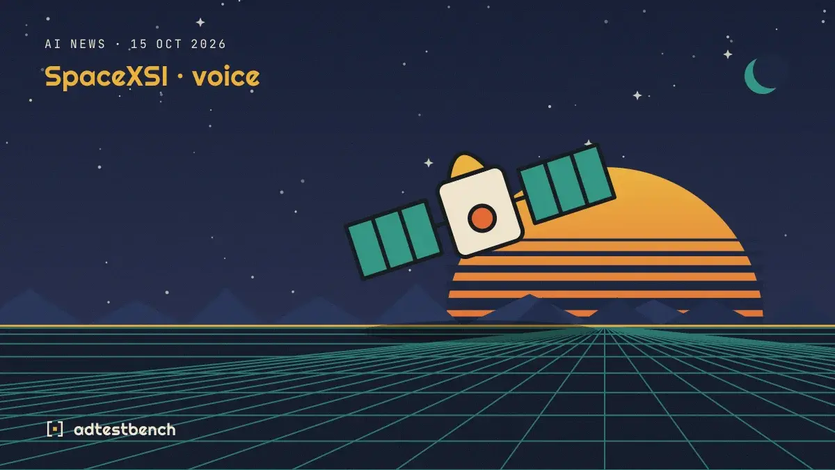 Retro-futurist illustration: a striped sunset over a grid horizon under a starry sky, with a satellite motif standing on the horizon.