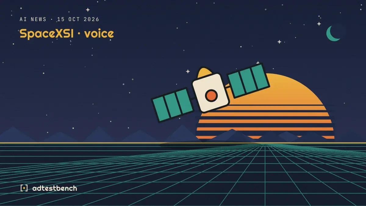 Retro-futurist illustration: a striped sunset over a grid horizon under a starry sky, with a satellite motif standing on the horizon.
