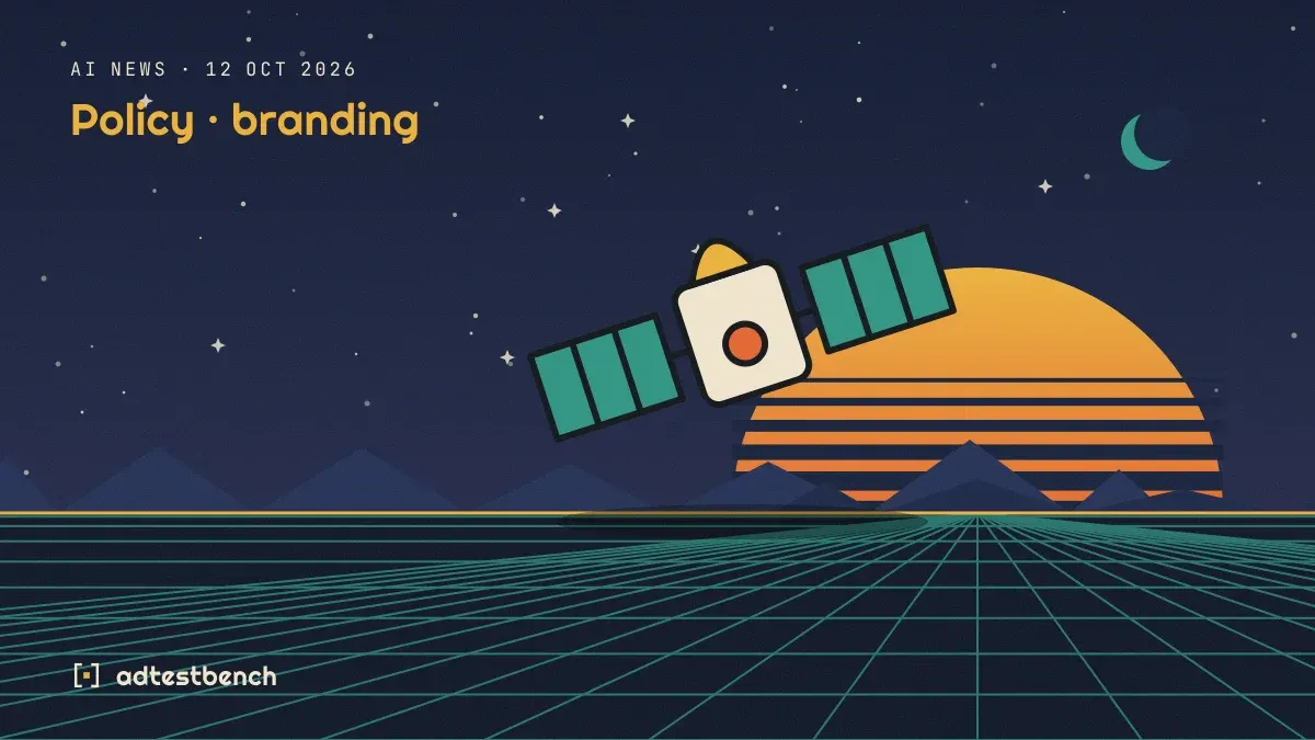 Retro-futurist illustration: a striped sunset over a grid horizon under a starry sky, with an orbiting satellite standing on the horizon.