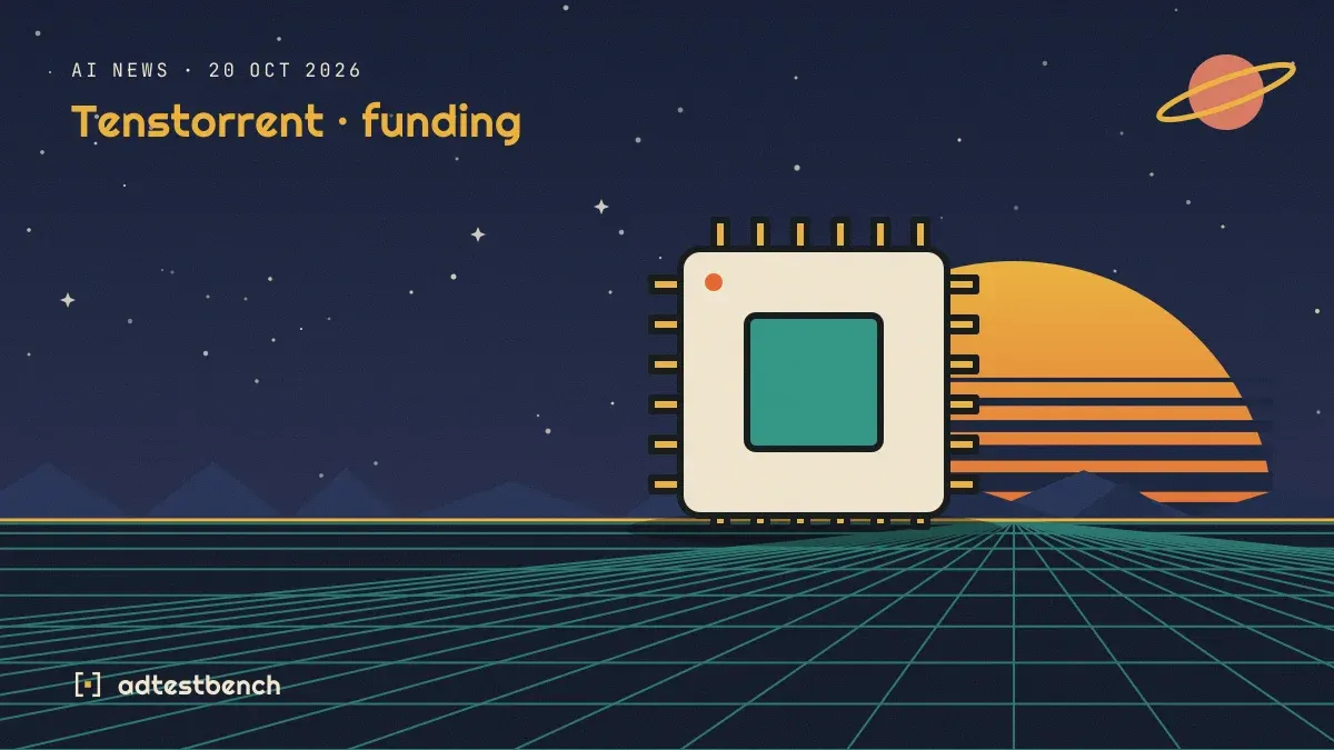 Retro-futurist illustration: a striped sunset over a grid horizon under a starry sky, with a chip motif standing on the horizon.