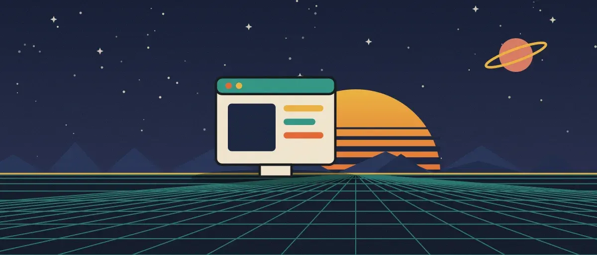 Retro-futurist illustration: a striped sunset over a teal grid horizon under a starry night sky, with an app window standing on the horizon.