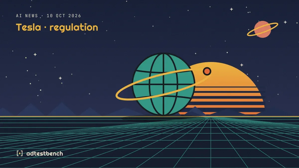 Retro-futurist illustration: a striped sunset over a grid horizon under a starry sky, with a globe standing on the horizon.