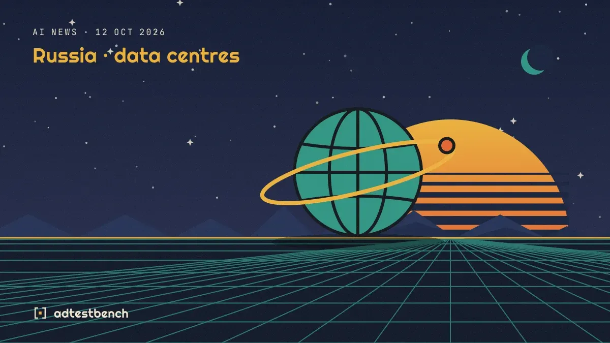 Retro-futurist illustration: a striped sunset over a grid horizon under a starry sky, with a wireframe globe standing on the horizon.