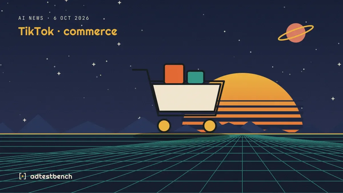 Retro-futurist illustration: a striped sunset over a grid horizon under a starry sky, with a shopping cart standing on the horizon.