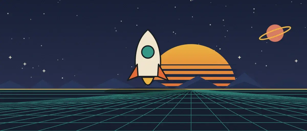 Ilustración retrofuturista: un atardecer a rayas sobre un horizonte de cuadrícula verde azulado bajo un cielo nocturno estrellado, con un cohete de pie en el horizonte.