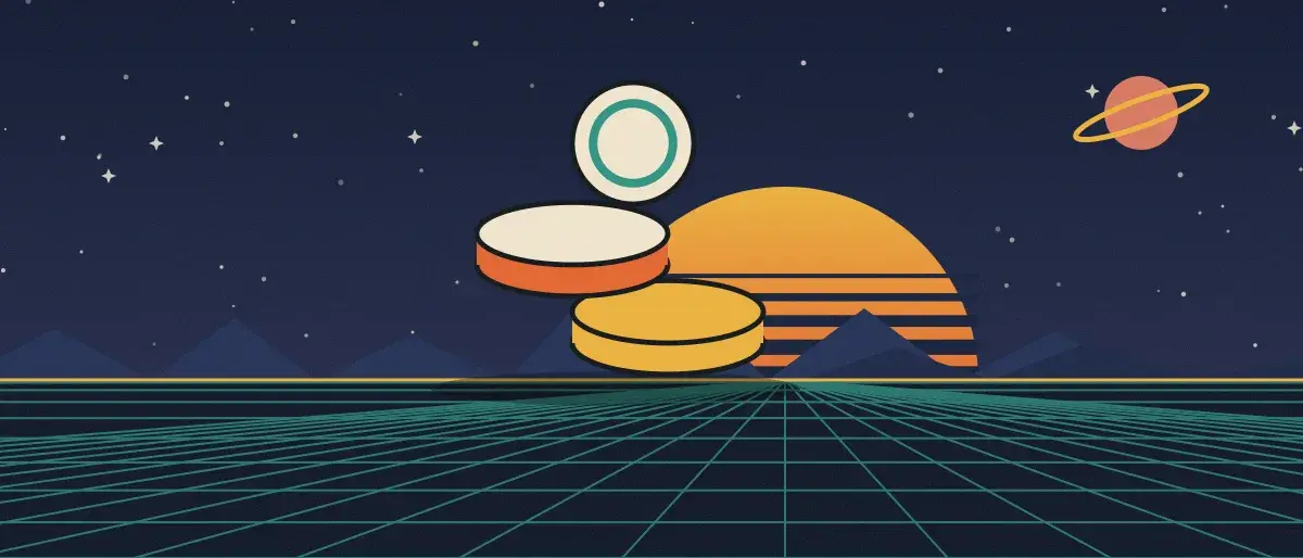Ilustración retrofuturista: un atardecer a rayas sobre un horizonte de cuadrícula turquesa bajo un cielo nocturno estrellado, con una pila de monedas sobre el horizonte.
