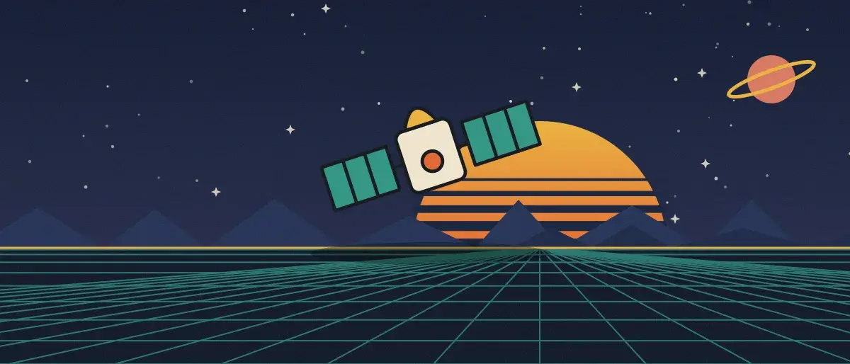Ilustración retrofuturista: un atardecer a rayas sobre un horizonte de cuadrícula turquesa bajo un cielo nocturno estrellado, con un satélite sobre el horizonte.