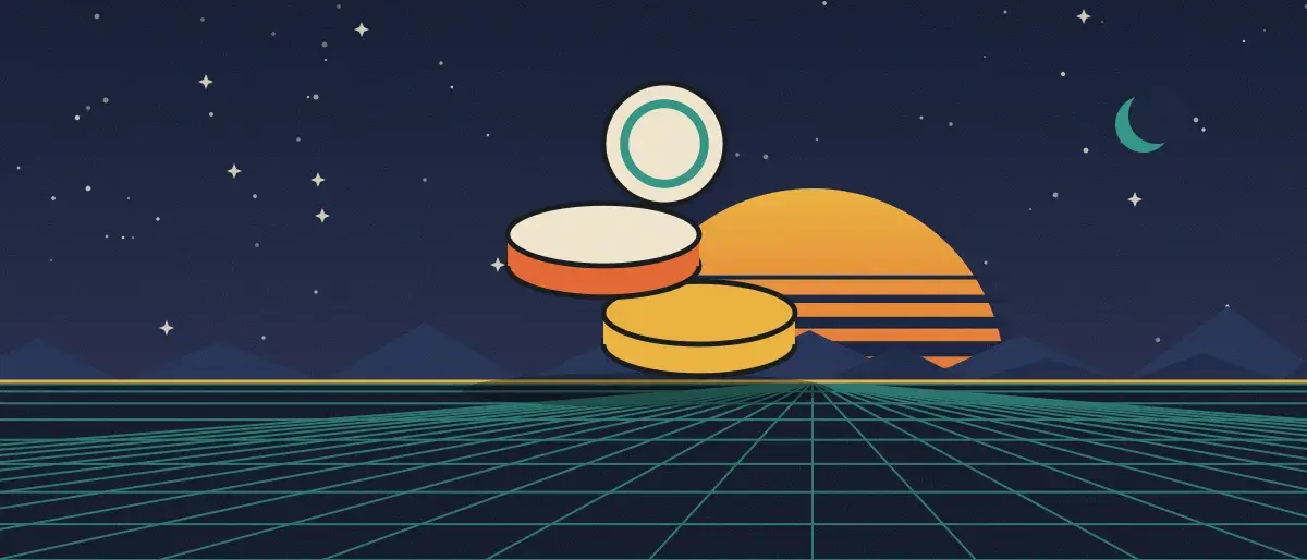 Ilustración retrofuturista: un atardecer a rayas sobre un horizonte de cuadrícula turquesa bajo un cielo nocturno estrellado, con una pila de monedas sobre el horizonte.