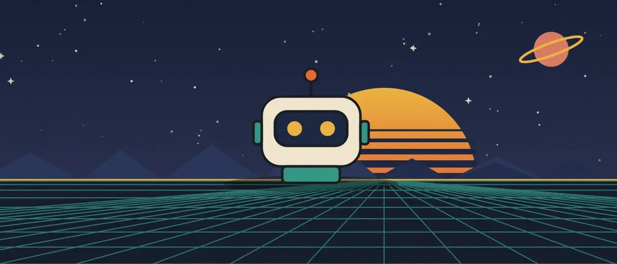 Ilustración retrofuturista: un atardecer a rayas sobre un horizonte de cuadrícula verde azulado bajo un cielo nocturno estrellado, con un robot cuadrado de pie en el horizonte.