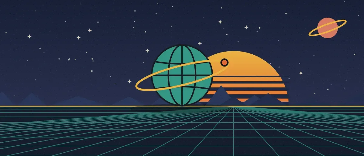 Ilustración retrofuturista: un atardecer a rayas sobre un horizonte de cuadrícula verde azulado bajo un cielo nocturno estrellado, con un globo con anillos en el horizonte.