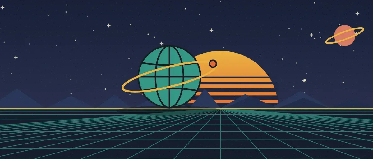 Ilustración retrofuturista: un atardecer a rayas sobre un horizonte de cuadrícula verde azulado bajo un cielo nocturno estrellado, con un globo con anillos en el horizonte.