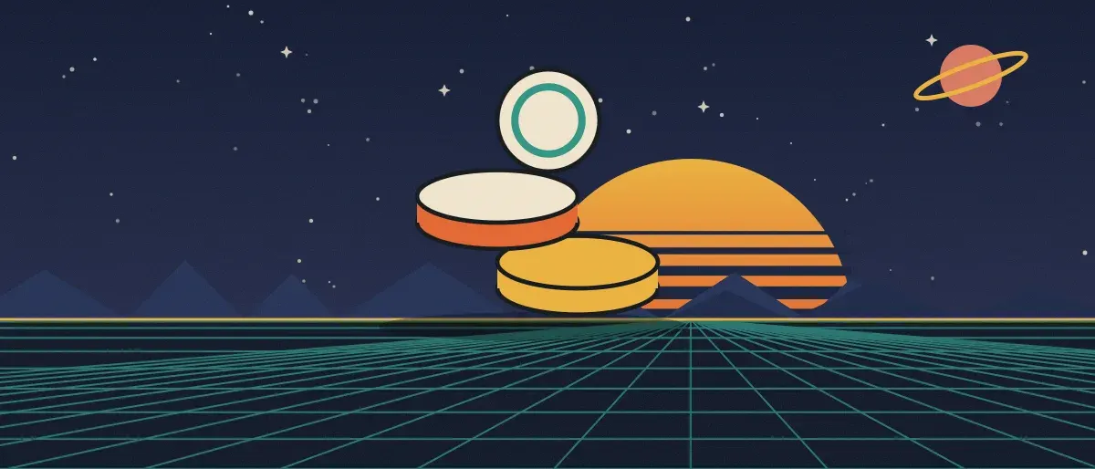 Ilustración retrofuturista: un atardecer a rayas sobre un horizonte de cuadrícula turquesa bajo un cielo nocturno estrellado, con una pila de monedas sobre el horizonte.