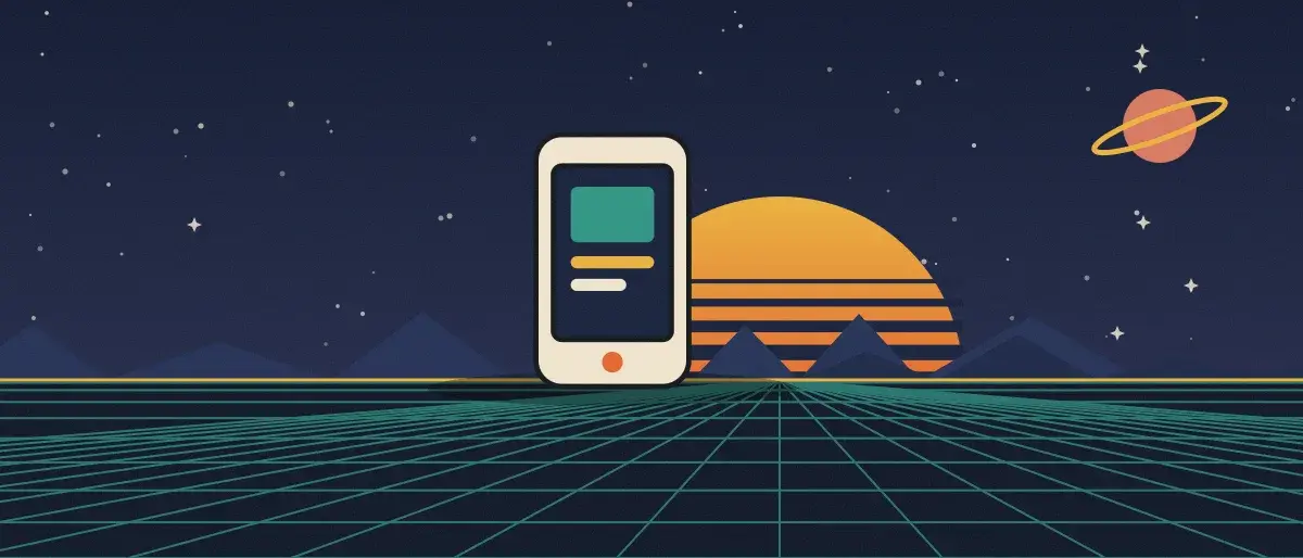 Ilustración retrofuturista: un atardecer a rayas sobre un horizonte de cuadrícula verde azulado bajo un cielo nocturno estrellado, con un teléfono de pie en el horizonte.