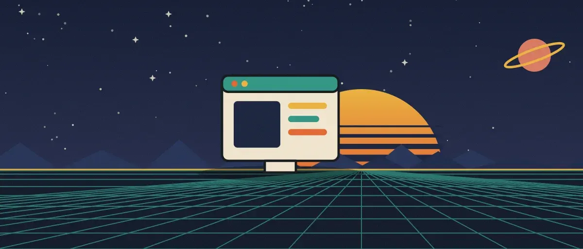 Ilustración retrofuturista: un atardecer a rayas sobre un horizonte de cuadrícula verde azulado bajo un cielo nocturno estrellado, con la ventana de una aplicación en el horizonte.