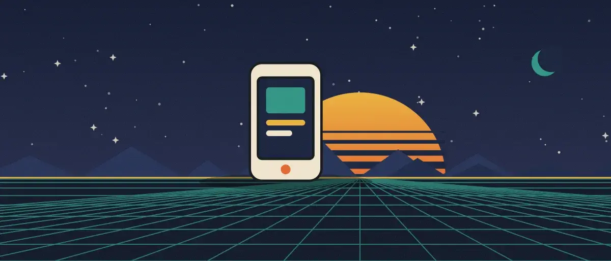 Illustration rétrofuturiste : un coucher de soleil rayé sur un horizon quadrillé turquoise, sous un ciel étoilé, avec un smartphone dressé à l'horizon.
