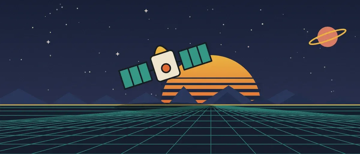 Ilustración retrofuturista: un atardecer a rayas sobre un horizonte de cuadrícula turquesa bajo un cielo nocturno estrellado, con un satélite sobre el horizonte.