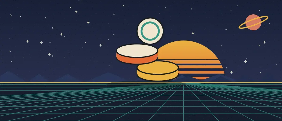 Ilustración retrofuturista: un atardecer a rayas sobre un horizonte de cuadrícula turquesa bajo un cielo nocturno estrellado, con una pila de monedas sobre el horizonte.