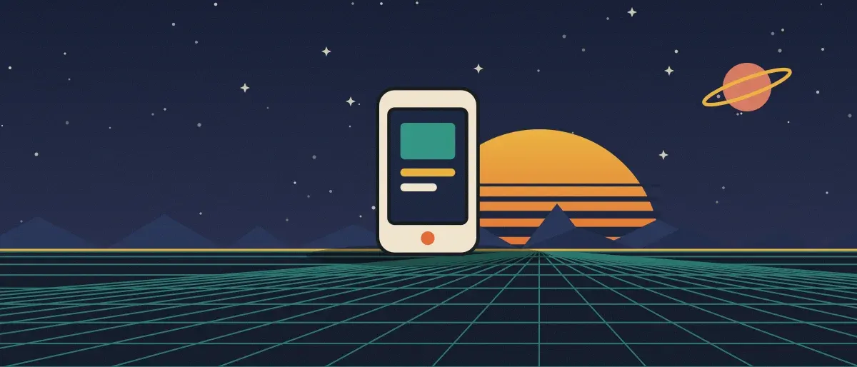 Ilustración retrofuturista: un atardecer a rayas sobre un horizonte de cuadrícula verde azulado bajo un cielo nocturno estrellado, con un teléfono de pie en el horizonte.