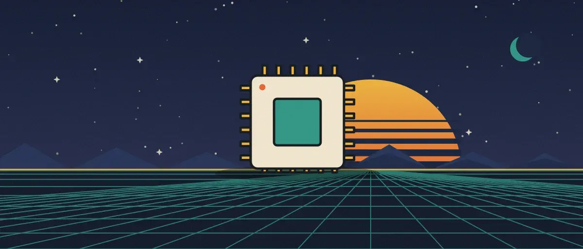 Ilustración retrofuturista: un atardecer a rayas sobre un horizonte de cuadrícula turquesa bajo un cielo nocturno estrellado, con un microchip sobre el horizonte.