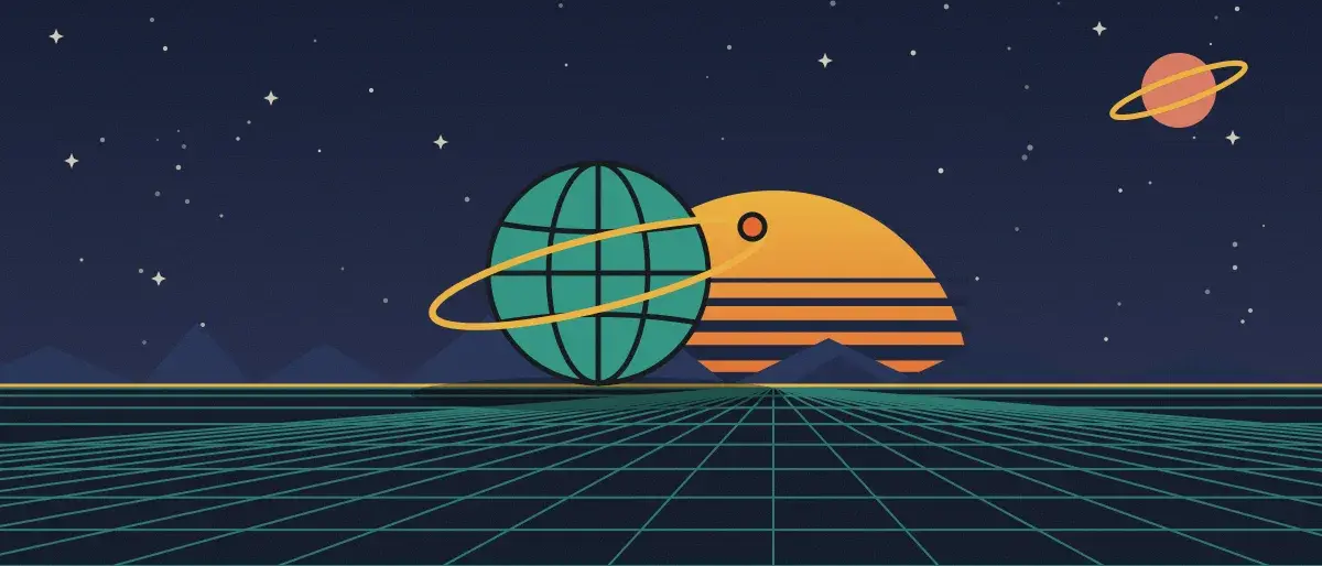 Ilustración retrofuturista: un atardecer a rayas sobre un horizonte de cuadrícula verde azulado bajo un cielo nocturno estrellado, con un globo con anillos en el horizonte.