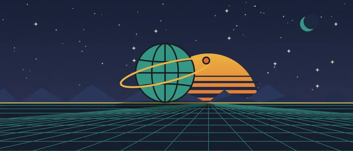 Ilustración retrofuturista: un atardecer a rayas sobre un horizonte de cuadrícula verde azulado bajo un cielo nocturno estrellado, con un globo con anillos en el horizonte.