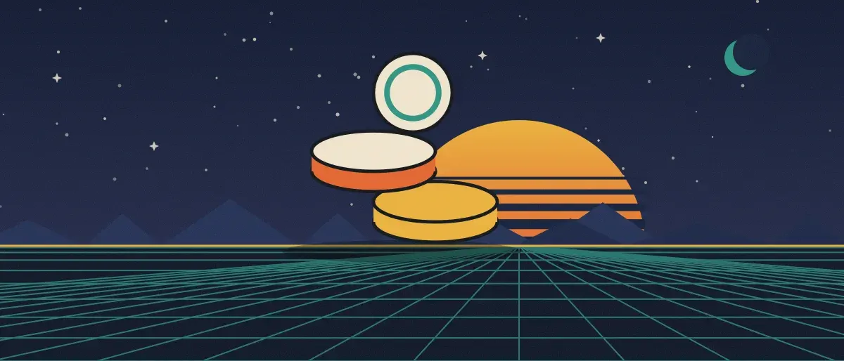 Ilustración retrofuturista: un atardecer a rayas sobre un horizonte de cuadrícula turquesa bajo un cielo nocturno estrellado, con una pila de monedas sobre el horizonte.