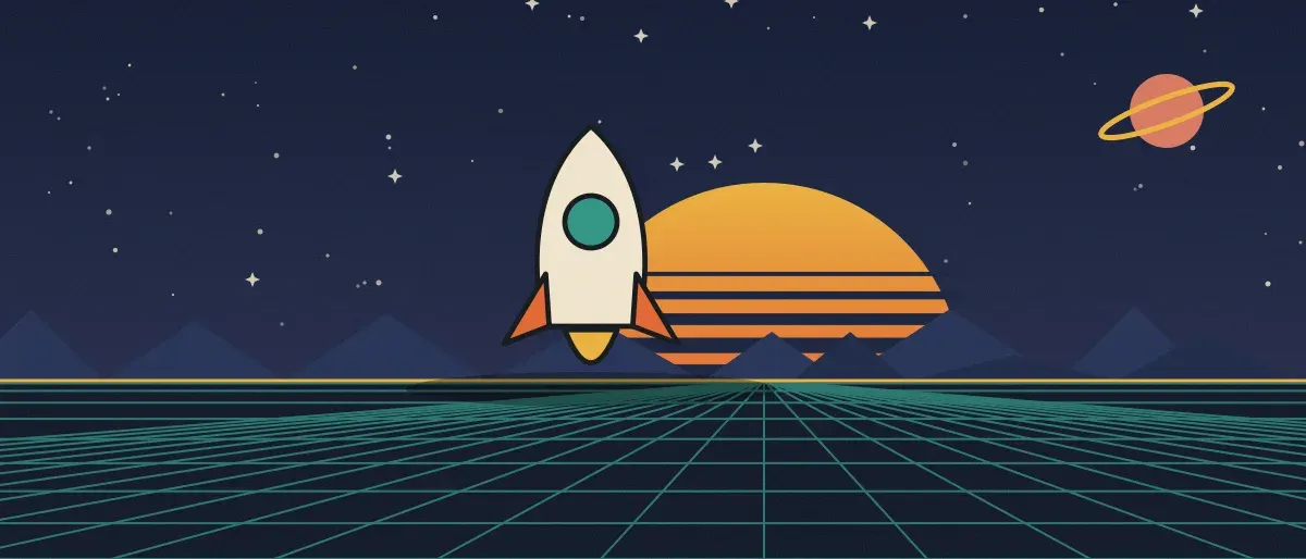 Ilustración retrofuturista: un atardecer a rayas sobre un horizonte de cuadrícula verde azulado bajo un cielo nocturno estrellado, con un cohete de pie en el horizonte.