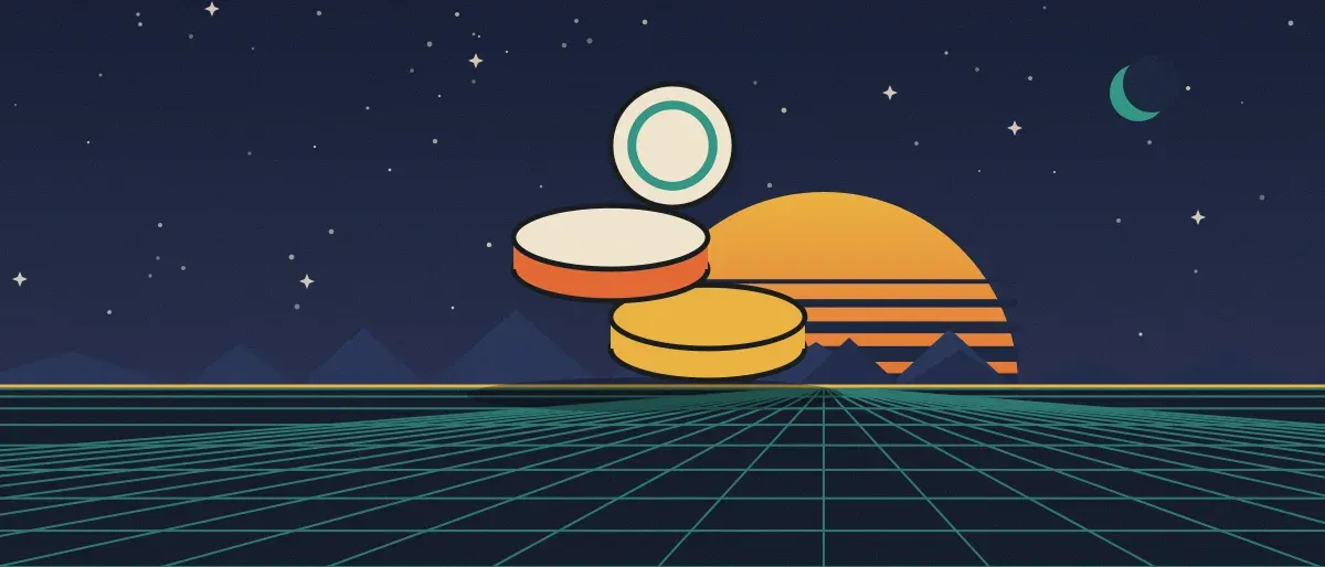 Ilustración retrofuturista: un atardecer a rayas sobre un horizonte de cuadrícula turquesa bajo un cielo nocturno estrellado, con una pila de monedas sobre el horizonte.
