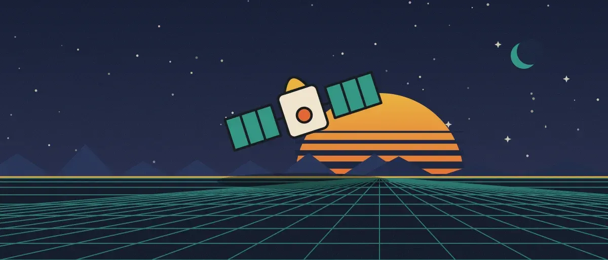 Ilustración retrofuturista: un atardecer a rayas sobre un horizonte de cuadrícula turquesa bajo un cielo nocturno estrellado, con un satélite sobre el horizonte.