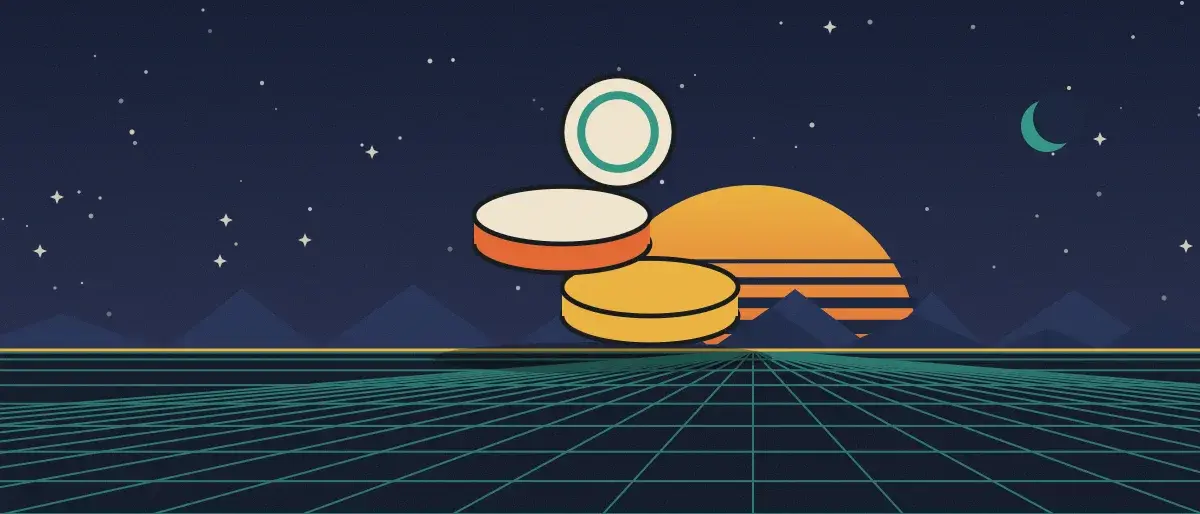 Ilustración retrofuturista: un atardecer a rayas sobre un horizonte de cuadrícula turquesa bajo un cielo nocturno estrellado, con una pila de monedas sobre el horizonte.