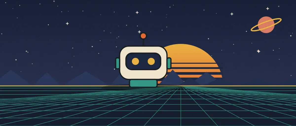 Ilustración retrofuturista: un atardecer a rayas sobre un horizonte de cuadrícula verde azulado bajo un cielo nocturno estrellado, con un robot cuadrado de pie en el horizonte.