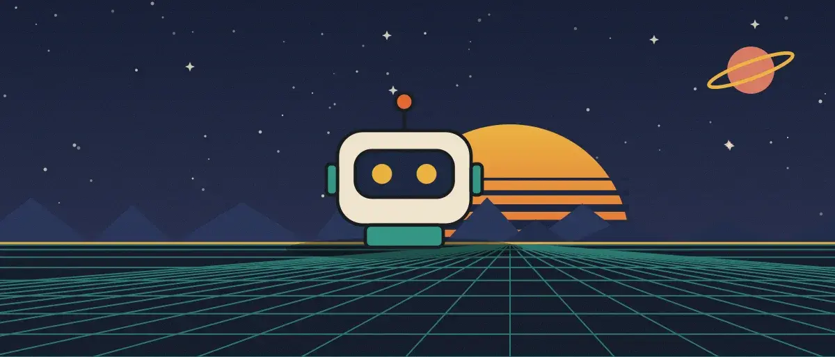 Ilustración retrofuturista: un atardecer a rayas sobre un horizonte de cuadrícula verde azulado bajo un cielo nocturno estrellado, con un robot cuadrado de pie en el horizonte.