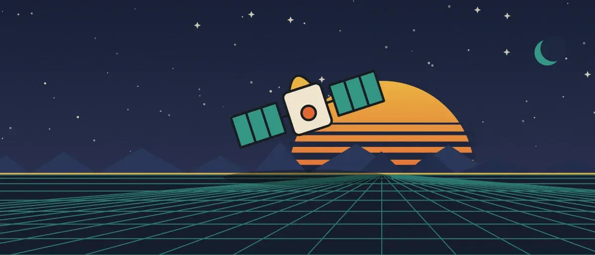 Ilustración retrofuturista: un atardecer a rayas sobre un horizonte de cuadrícula turquesa bajo un cielo nocturno estrellado, con un satélite sobre el horizonte.