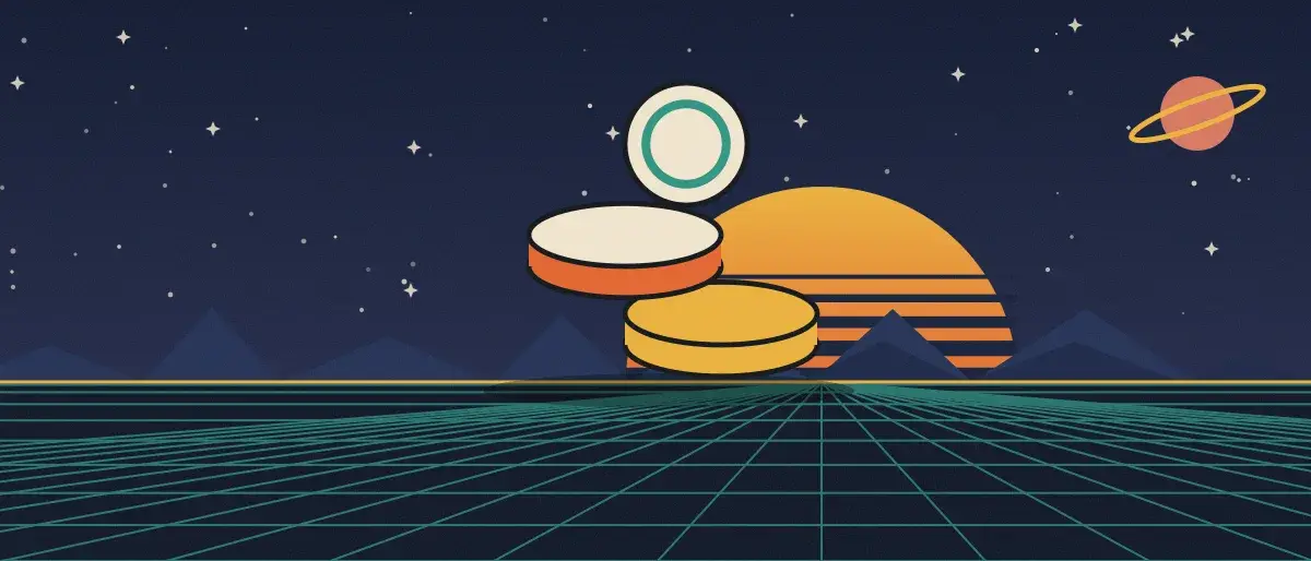 Ilustración retrofuturista: un atardecer a rayas sobre un horizonte de cuadrícula turquesa bajo un cielo nocturno estrellado, con una pila de monedas sobre el horizonte.