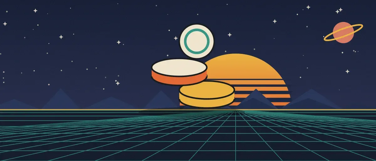 Ilustración retrofuturista: un atardecer a rayas sobre un horizonte de cuadrícula turquesa bajo un cielo nocturno estrellado, con una pila de monedas sobre el horizonte.